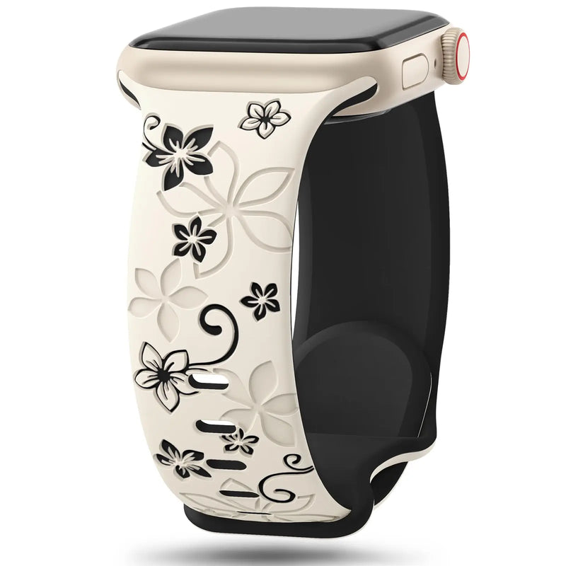 Floral Engraved Strap For Apple Watch Band 41mm 40mm 44mm 45mm 42mm 38mm 49mm Silicone Sport iWatch Series SE 9 8 7 6 5 Ultra 2