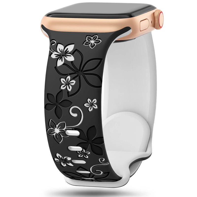 Floral Engraved Strap For Apple Watch Band 41mm 40mm 44mm 45mm 42mm 38mm 49mm Silicone Sport iWatch Series SE 9 8 7 6 5 Ultra 2