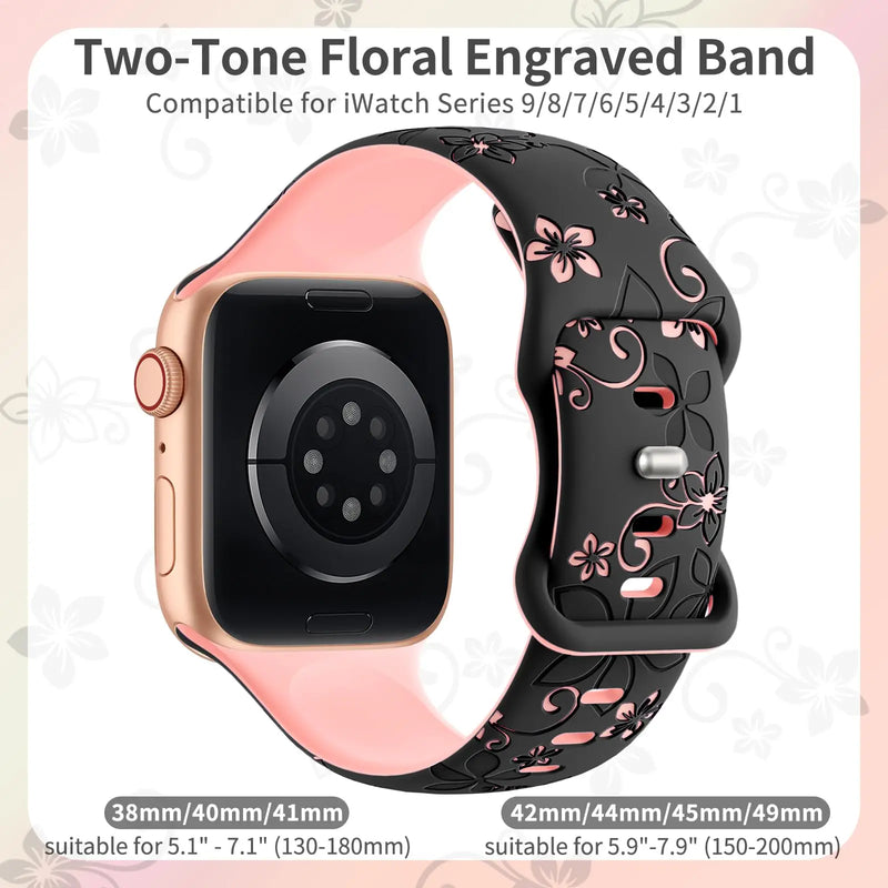 Floral Engraved Strap For Apple Watch Band 41mm 40mm 44mm 45mm 42mm 38mm 49mm Silicone Sport iWatch Series SE 9 8 7 6 5 Ultra 2