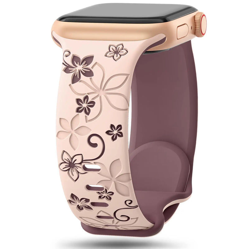 Floral Engraved Strap For Apple Watch Band 41mm 40mm 44mm 45mm 42mm 38mm 49mm Silicone Sport iWatch Series SE 9 8 7 6 5 Ultra 2