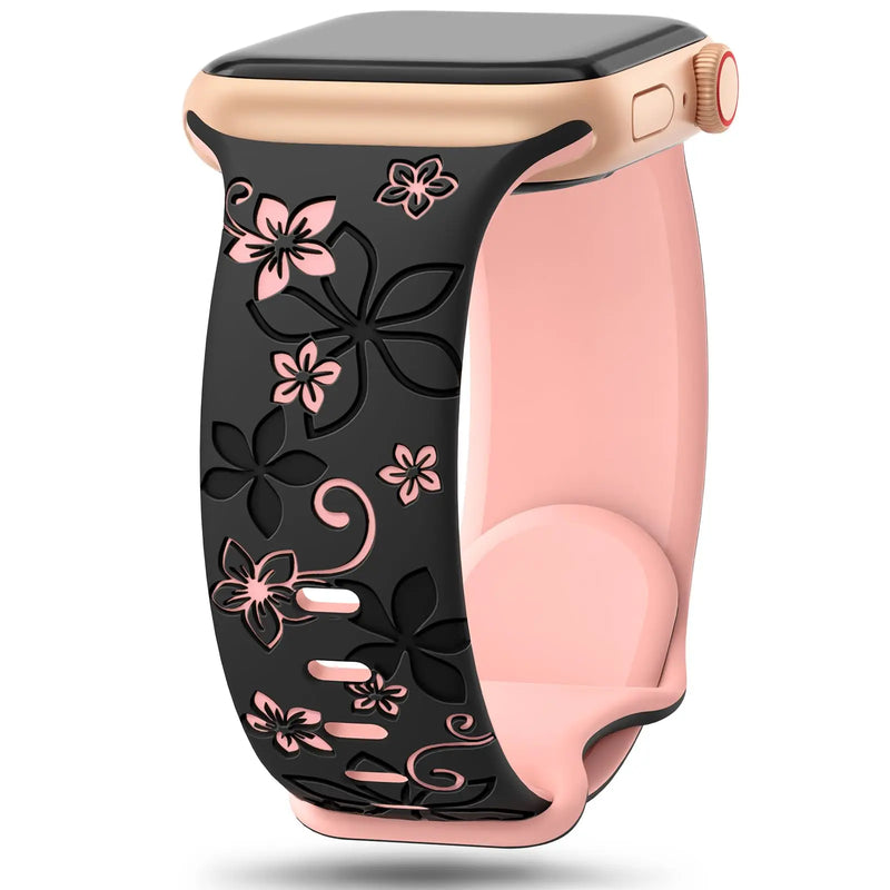 Floral Engraved Strap For Apple Watch Band 41mm 40mm 44mm 45mm 42mm 38mm 49mm Silicone Sport iWatch Series SE 9 8 7 6 5 Ultra 2